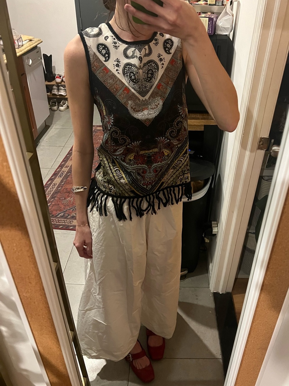 Boho Fringe Paisley Sleeveless Top - Black Multi